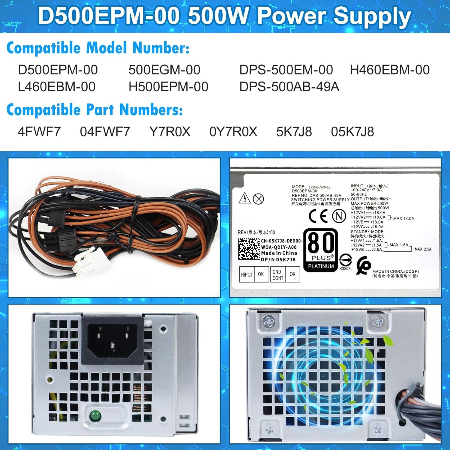 Power Supply For Dell G5 XPS 8940 7060 5060 7080MT 500W D500EPM-00 5K7J8 05K7J8