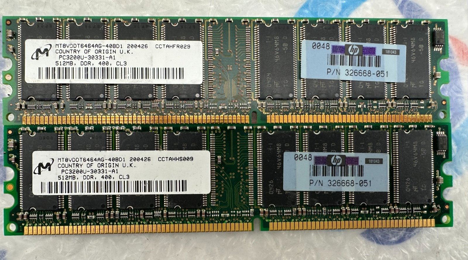 2x Micron MT8VDDT6464AG-40BD1 PC3200U 512MB DIMM DDR 400 Memory HP 326668-051