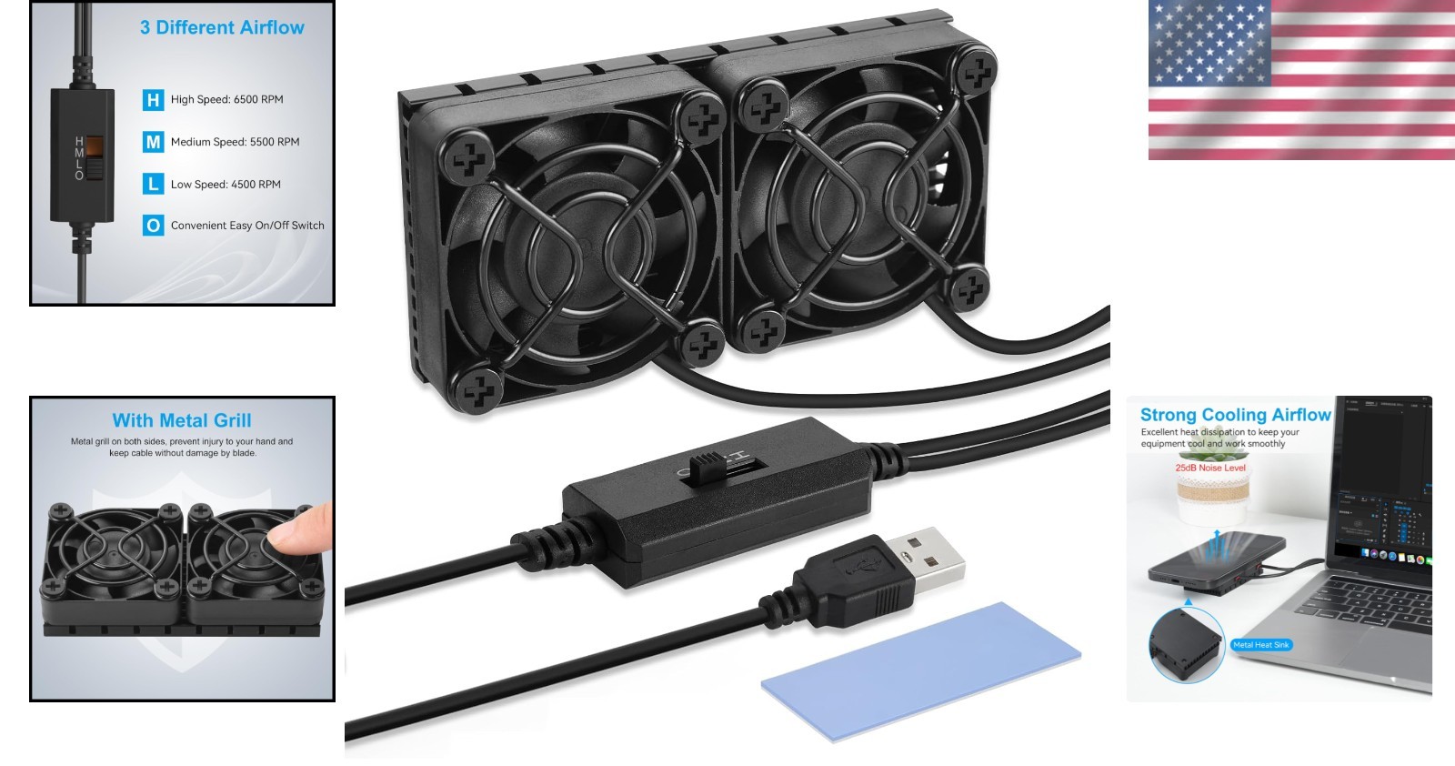 ELUTENG Computer Fan USB 40Mm Dual Row 2 in 1 USB PC Fans with 3 Adjustable Spee