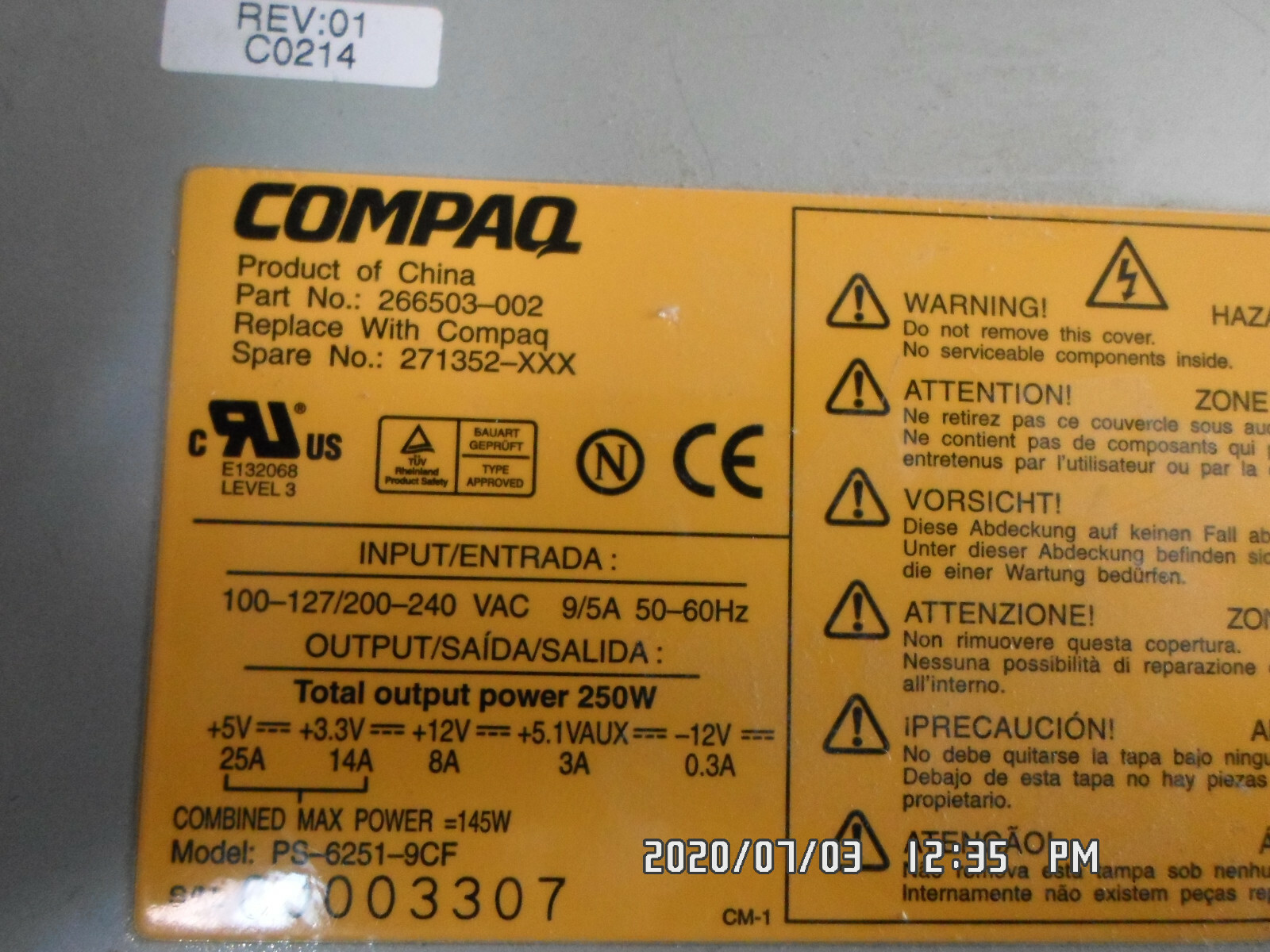 COMPAQ 271352-XXX 266503-002 PS-6251-9CF 145W PS TESTED