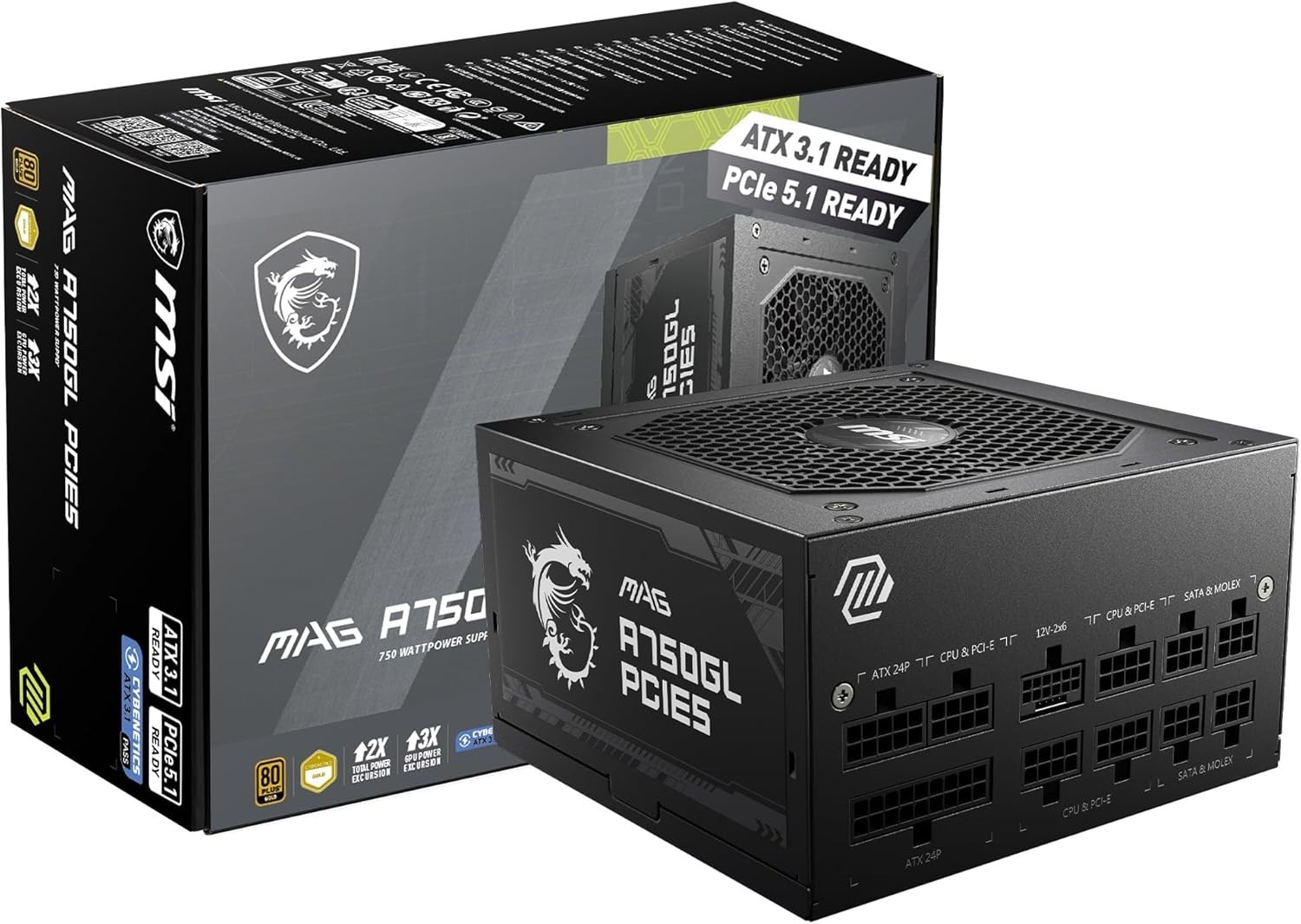MSI MAG A750GL PCIE5 Power Supply Unit, 750W, 80 plus Gold, Fully Modular, ATX 3