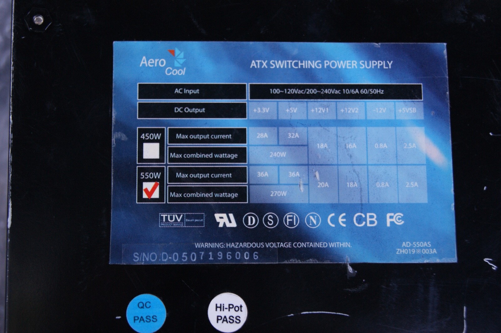 TESTED used blue ball LED light fan AERO COOL 550 Watt ATX Power Supply AeroCool