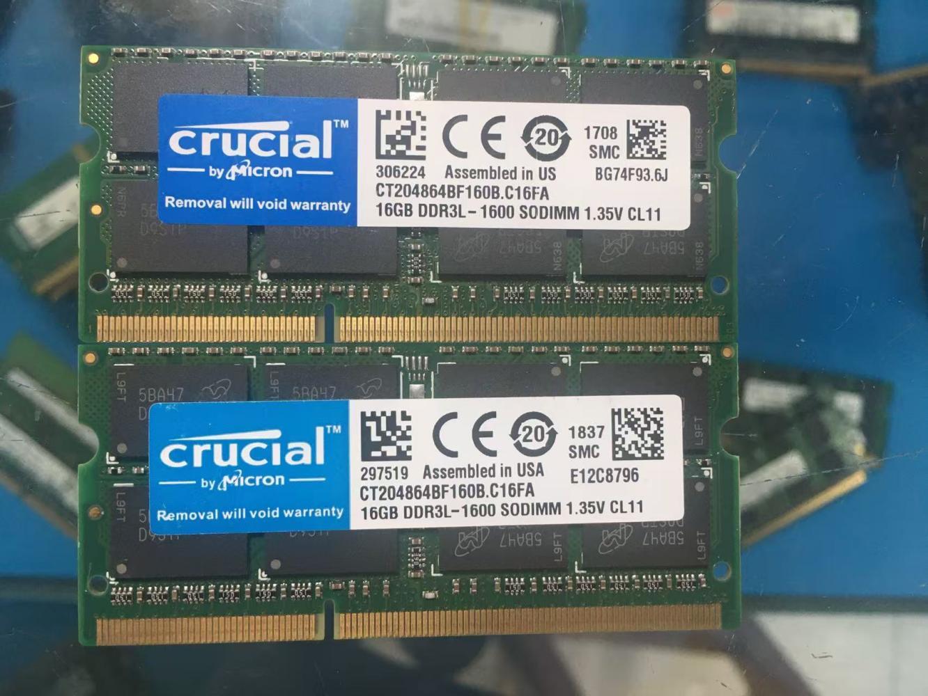 Crucial 2pcs 16GB 2RX8 PC3L-12800S DDR3-1600Mhz 1.35V Laptop SO-DIMM RAM Memory