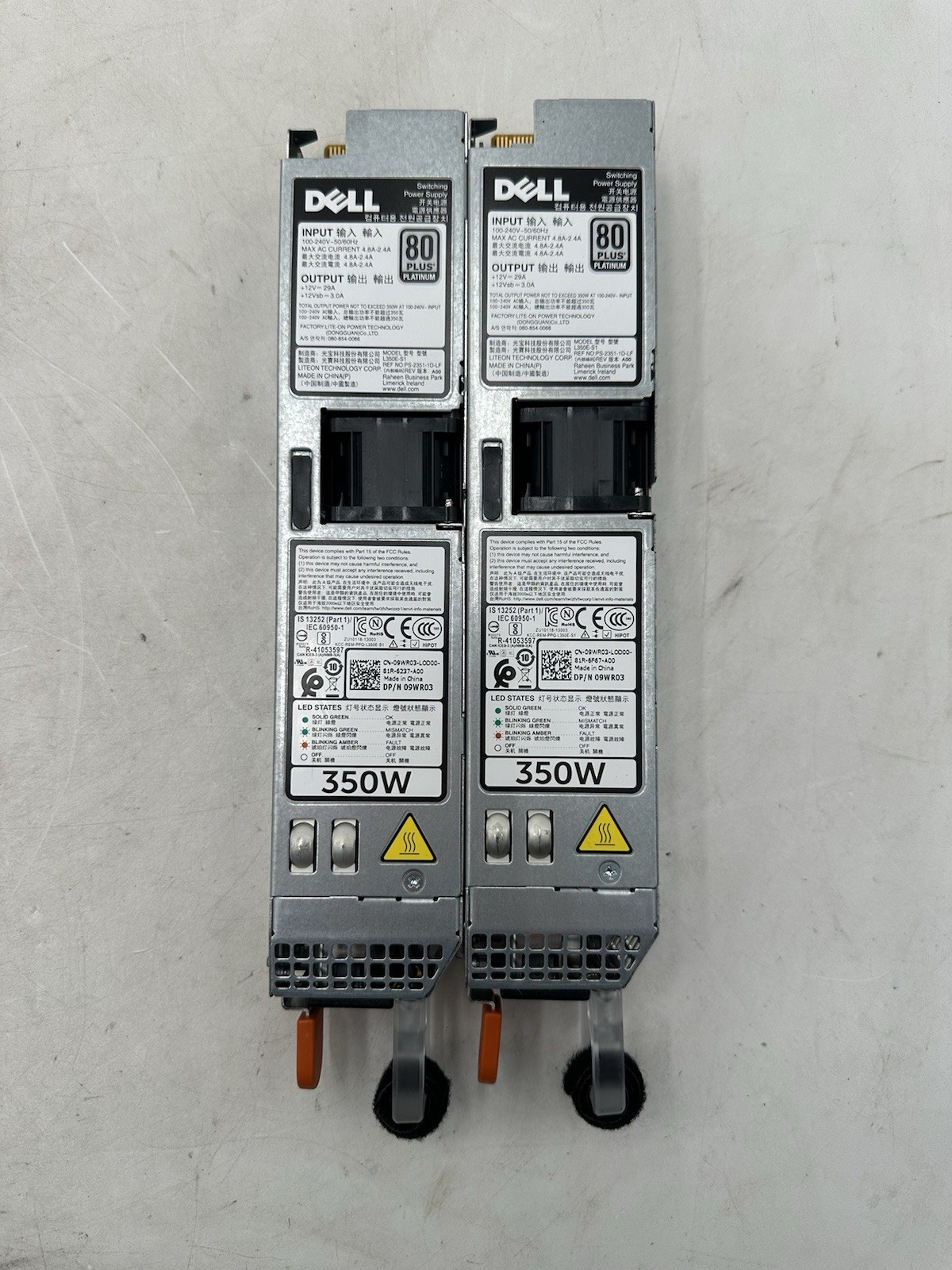 (2x) Dell PowerEdge R320 R420 350W Power Supply L350E-S1 Dell P/N: 09WR03