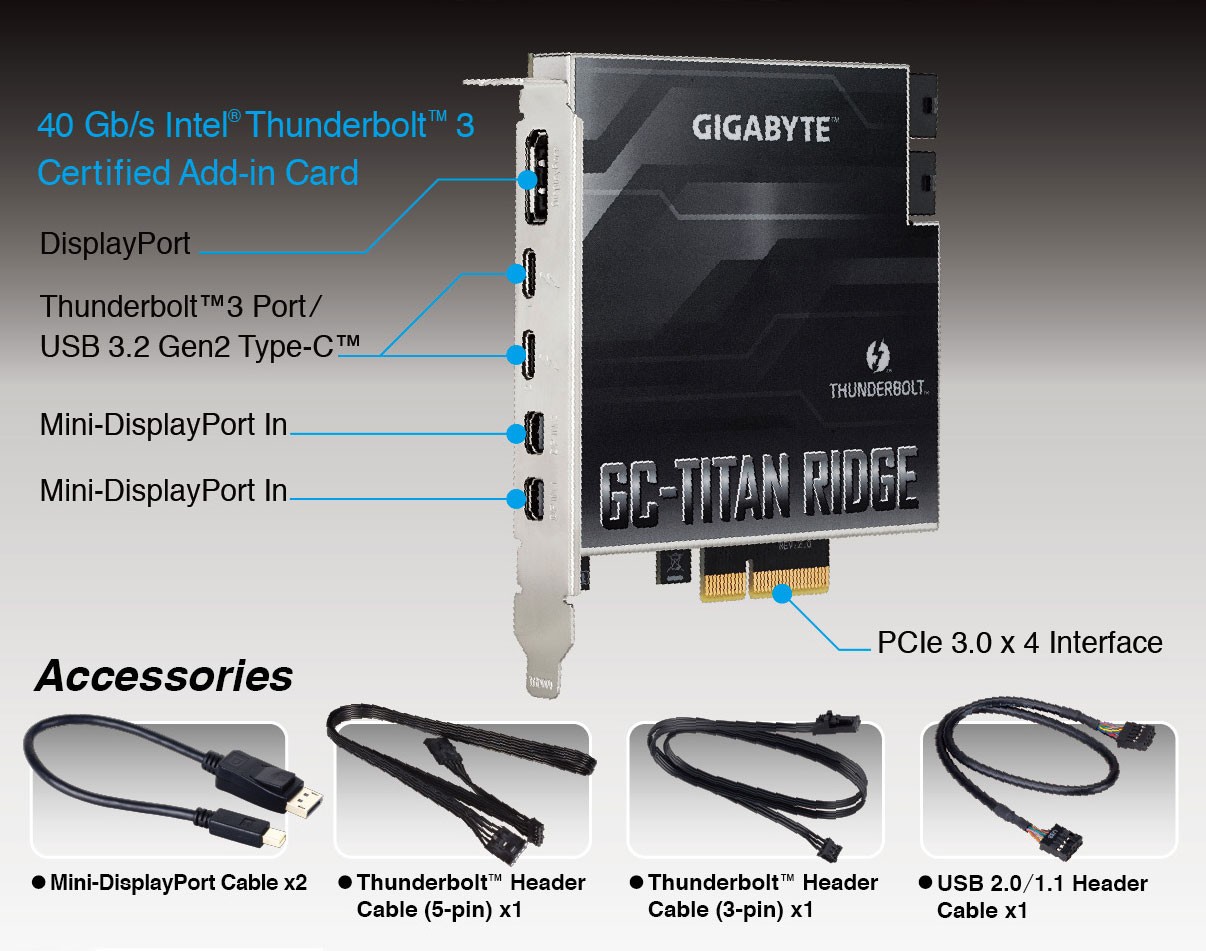 Gigabyte GC-Titan Ridge 2.0 Thunderbolt 3 PCIe Add-in Card, Dual USB-C 40Gb/s
