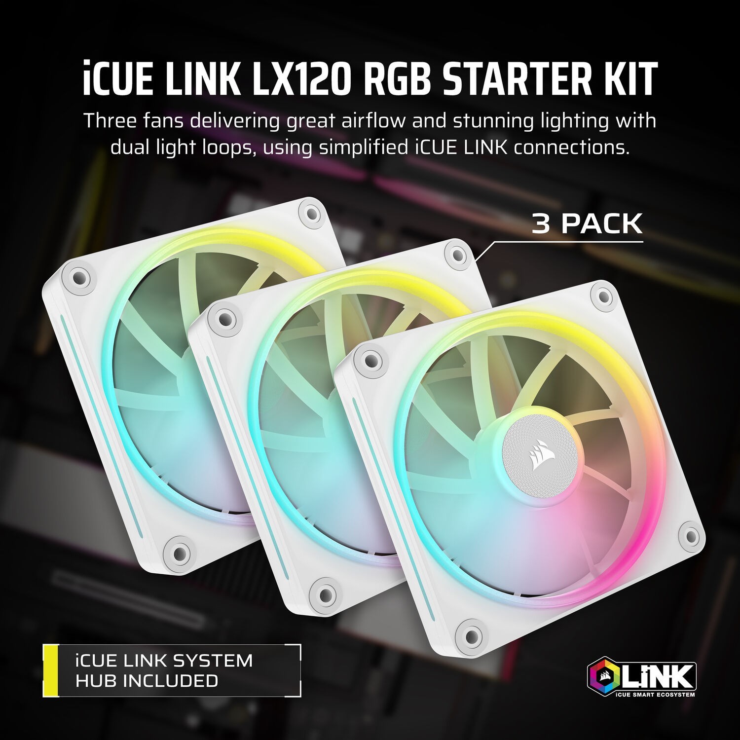 CORSAIR iCUE LINK LX120 RGB Triple 120mm PWM Fan Starter Kit WHITE CO-9051030-WW