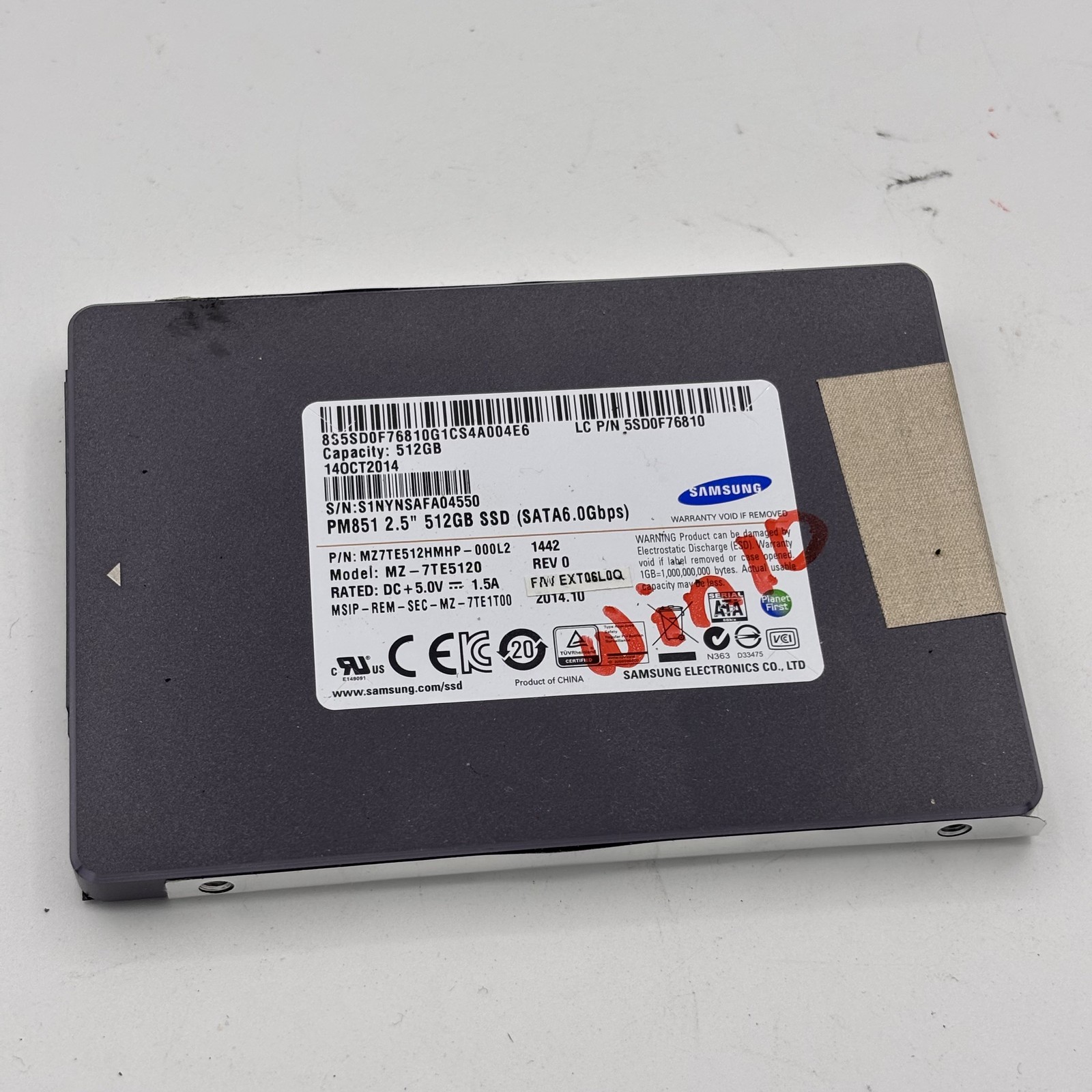 Samsung PM851 512GB SATA III 2.5″ Solid State Drive SSD MZ-7TE5120 Windows 10Pro